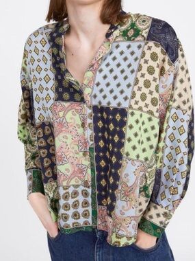 Zara Patchwork Paisley Button-Up Blouse